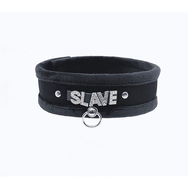 Love In Leather Diamante Slave Fluffy Fetish Collar - Collars and Leads