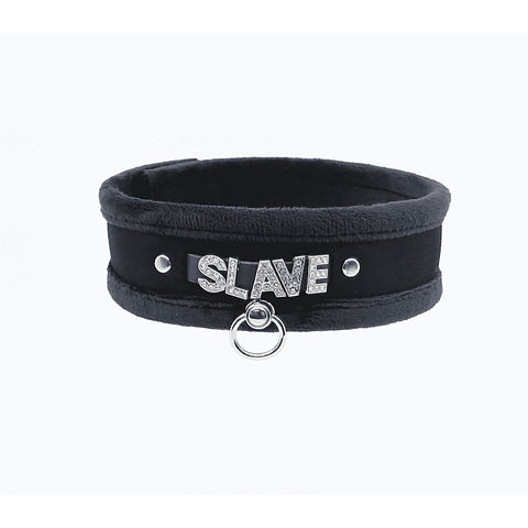Love In Leather Diamante Slave Fluffy Fetish Collar - Collars and Leads