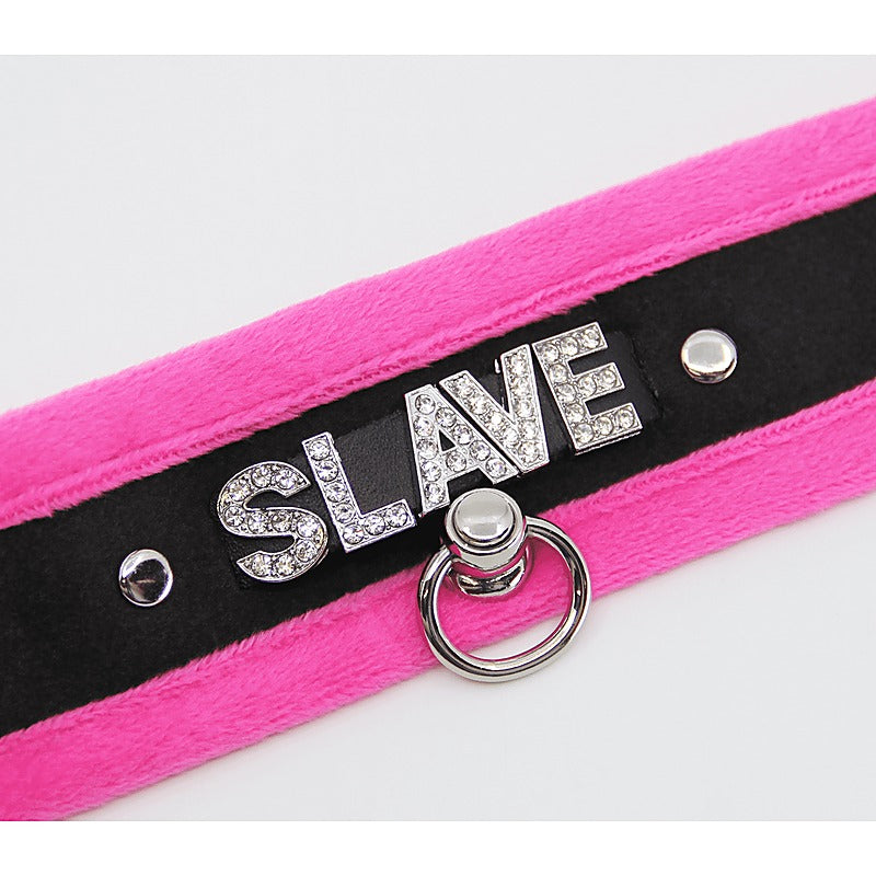Love In Leather Diamante Slave Fluffy Fetish Collar - Collars and Leads