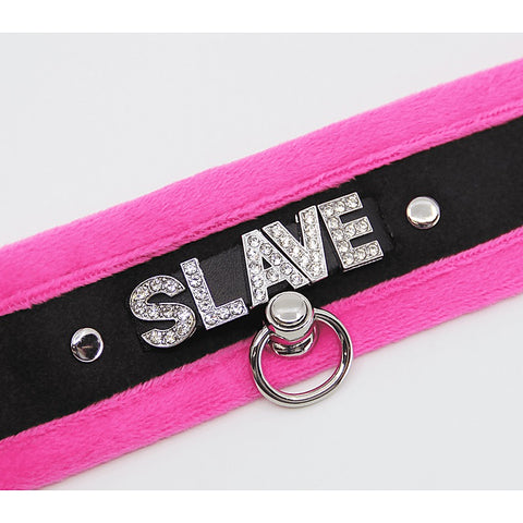 Love In Leather Diamante Slave Fluffy Fetish Collar - Collars and Leads