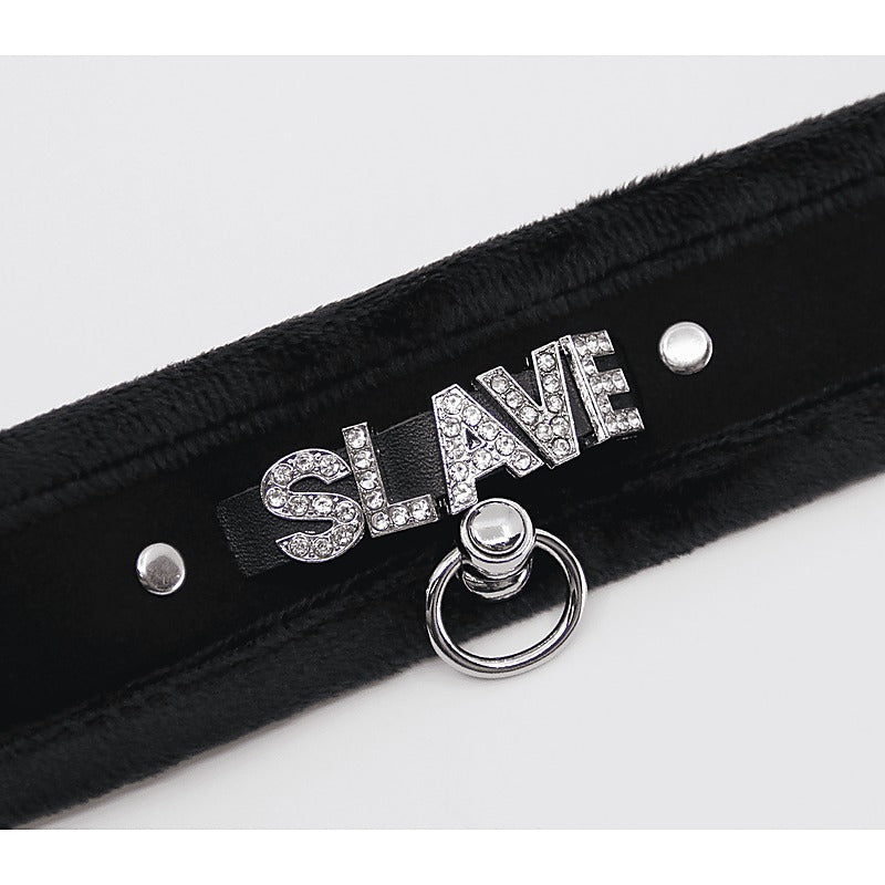 Love In Leather Diamante Slave Fluffy Fetish Collar - Collars and Leads