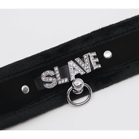 Love In Leather Diamante Slave Fluffy Fetish Collar - Collars and Leads