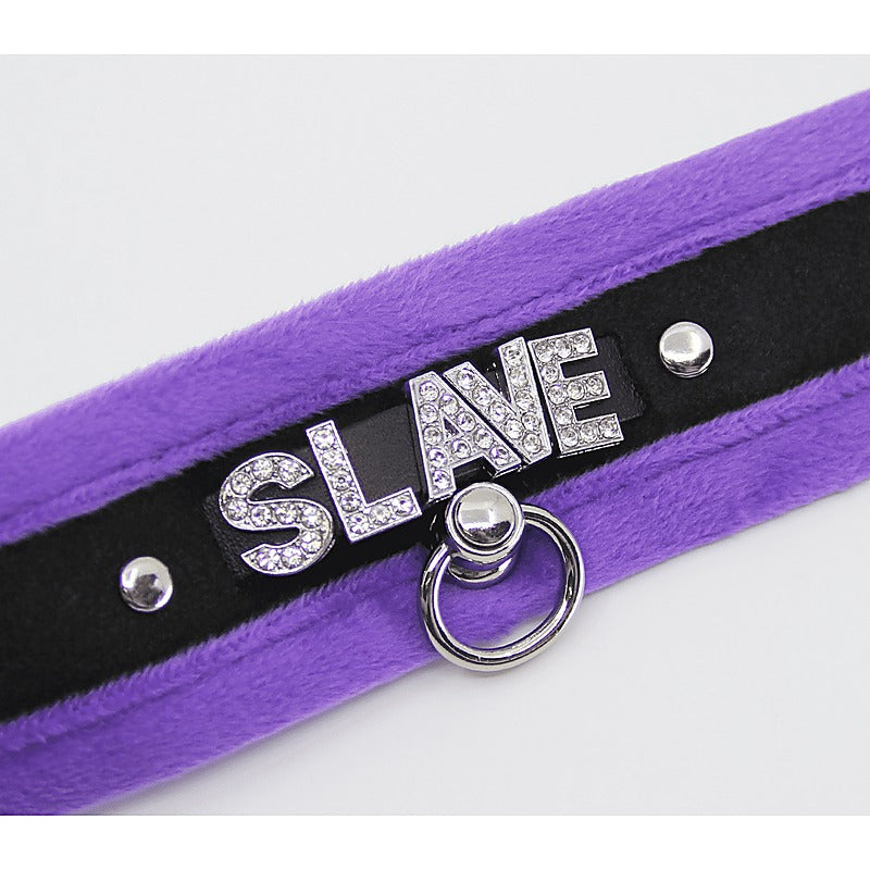 Love In Leather Diamante Slave Fluffy Fetish Collar - Collars and Leads