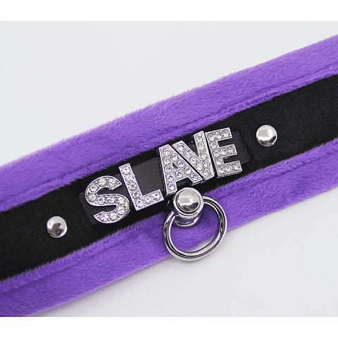 Love In Leather Diamante Slave Fluffy Fetish Collar - Collars and Leads