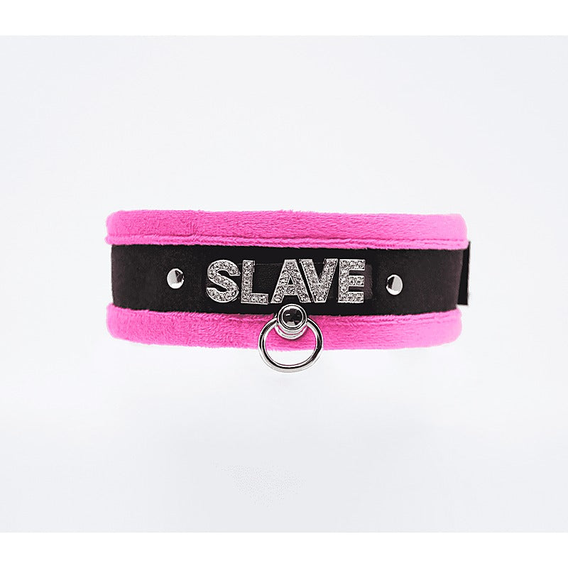 Love In Leather Diamante Slave Fluffy Fetish Collar - Collars and Leads