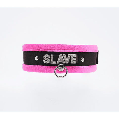 Love In Leather Diamante Slave Fluffy Fetish Collar - Collars and Leads