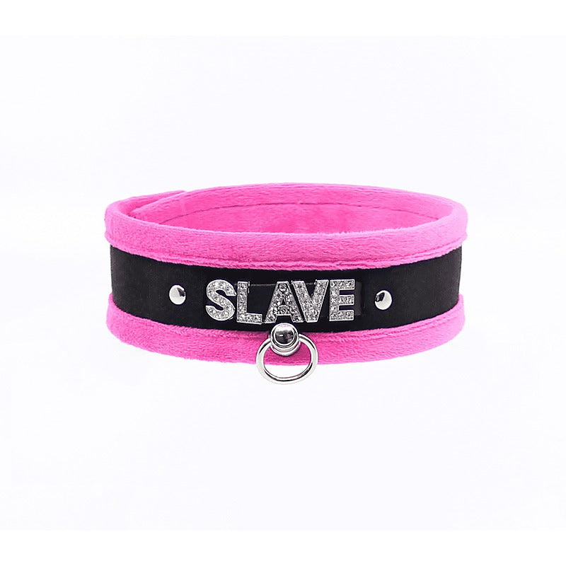 Love In Leather Diamante Slave Fluffy Fetish Collar - Collars and Leads