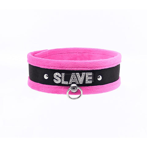 Love In Leather Diamante Slave Fluffy Fetish Collar - Collars and Leads