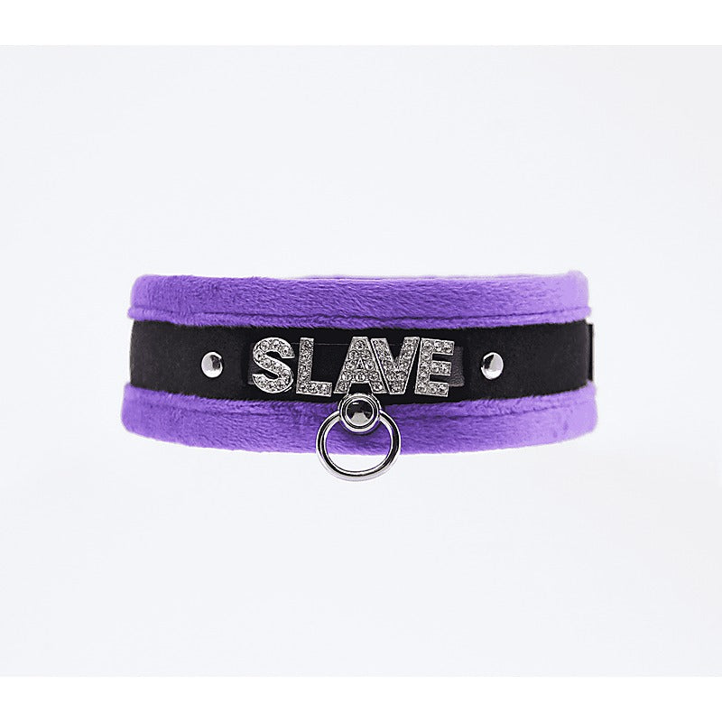 Love In Leather Diamante Slave Fluffy Fetish Collar - Collars and Leads