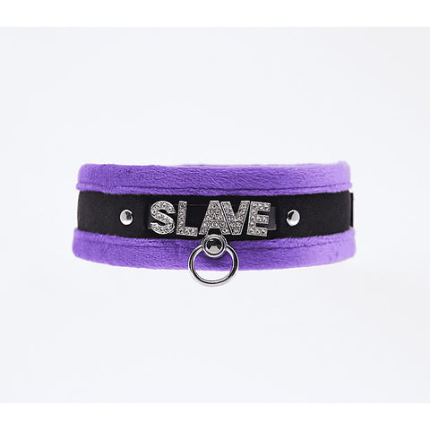 Love In Leather Diamante Slave Fluffy Fetish Collar - Collars and Leads