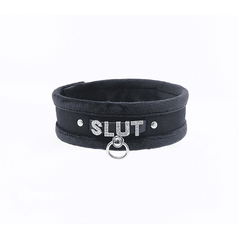 Love In Leather Diamante Slut Fluffy Fetish Collar - Collars and Leads