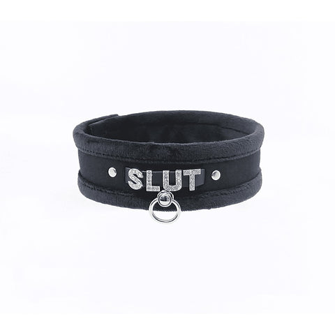 Love In Leather Diamante Slut Fluffy Fetish Collar - Collars and Leads