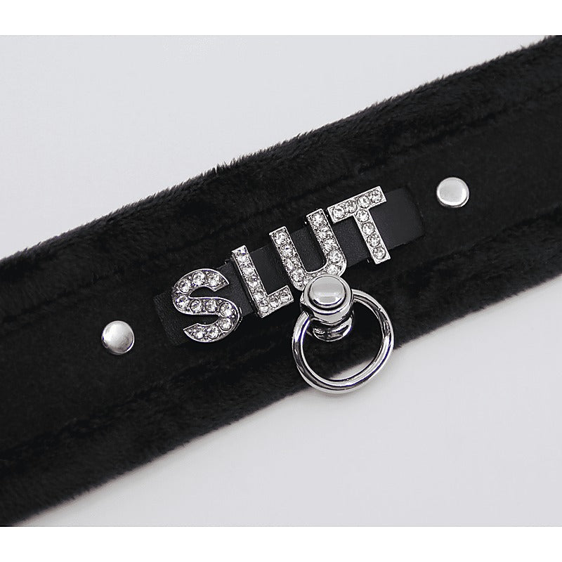 Love In Leather Diamante Slut Fluffy Fetish Collar - Collars and Leads