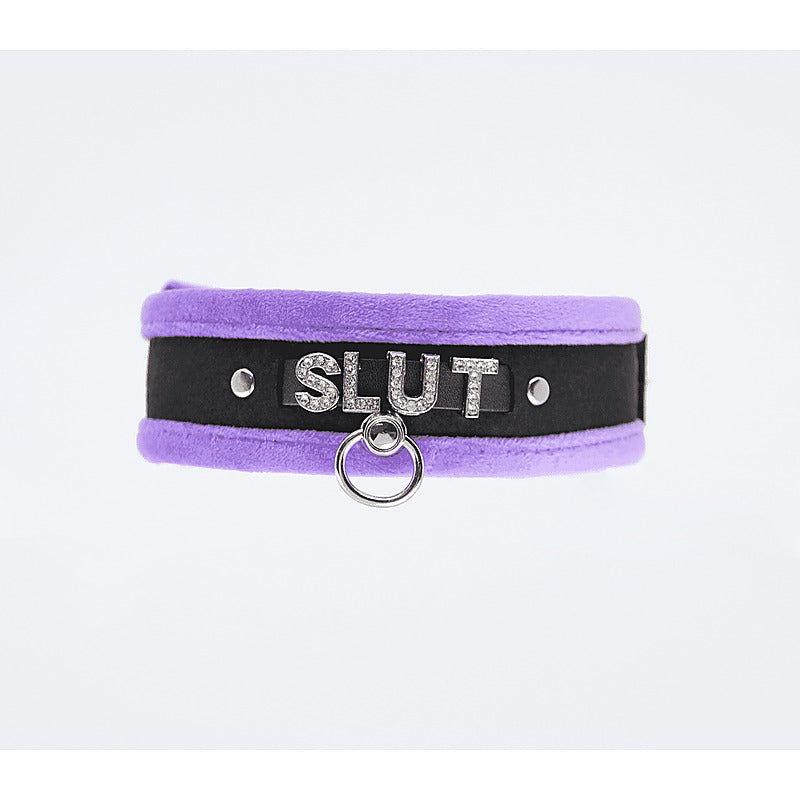 Love In Leather Diamante Slut Fluffy Fetish Collar - Collars and Leads