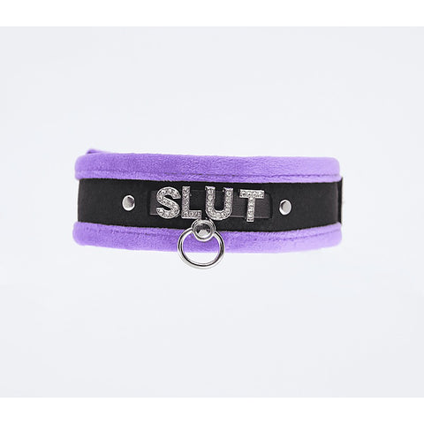 Love In Leather Diamante Slut Fluffy Fetish Collar - Collars and Leads
