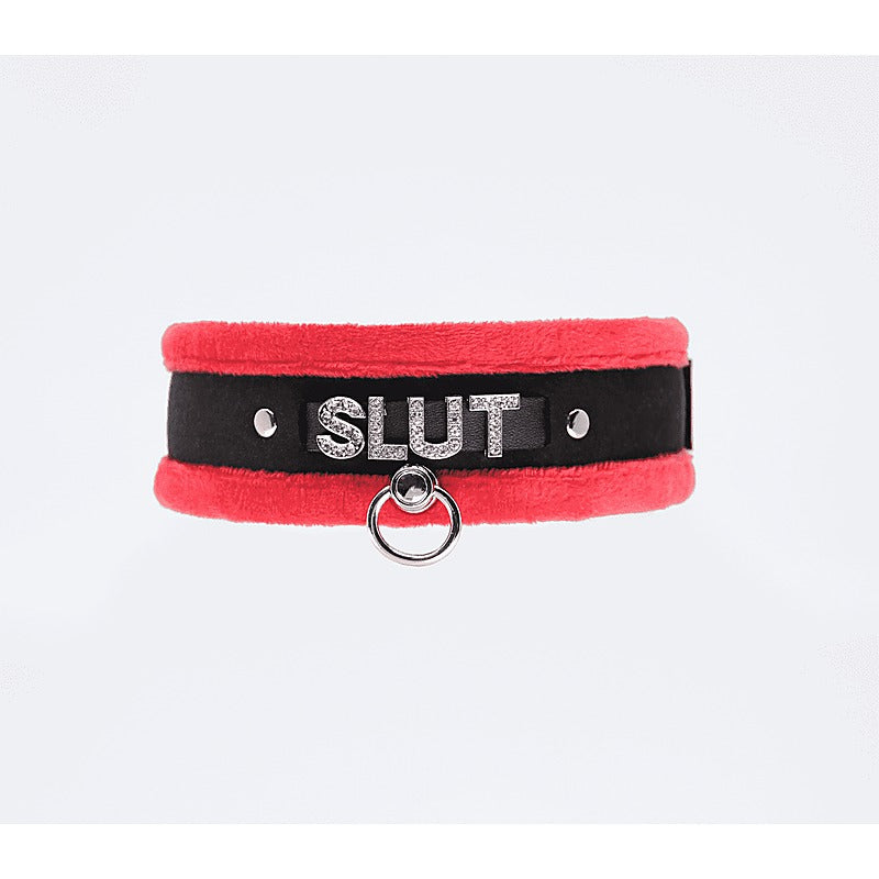 Love In Leather Diamante Slut Fluffy Fetish Collar - Collars and Leads