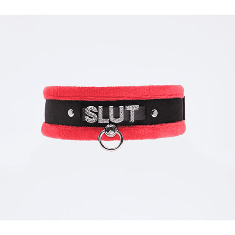 Love In Leather Diamante Slut Fluffy Fetish Collar - Collars and Leads