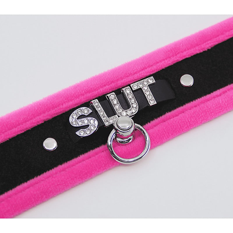 Love In Leather Diamante Slut Fluffy Fetish Collar - Collars and Leads