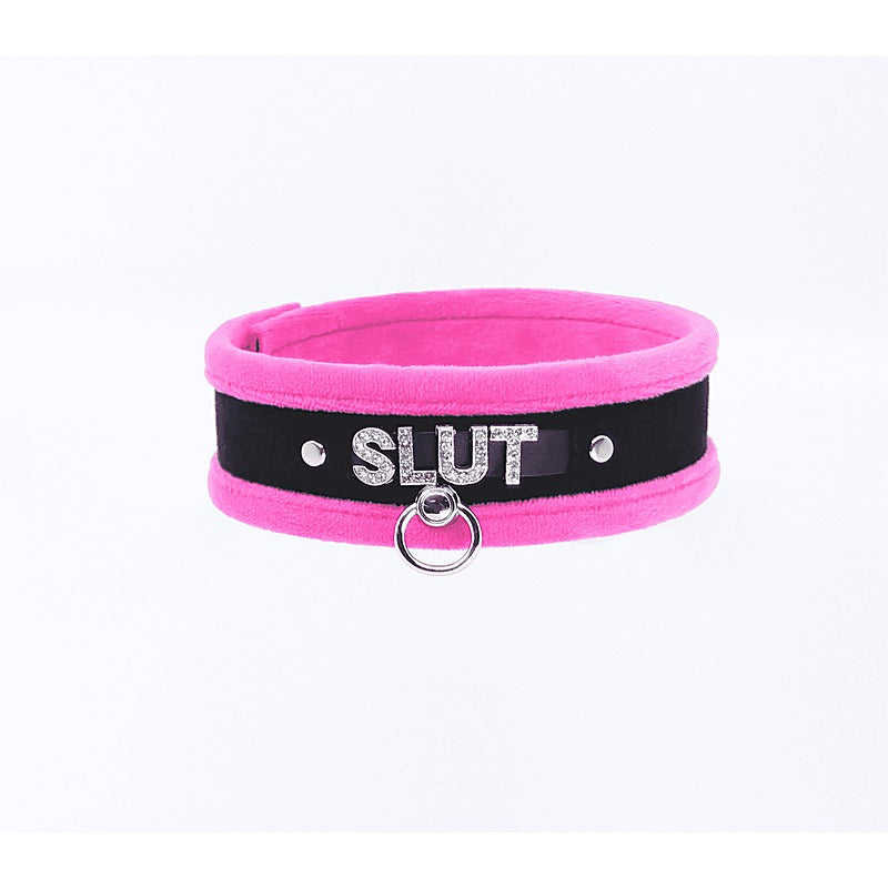 Love In Leather Diamante Slut Fluffy Fetish Collar - Collars and Leads