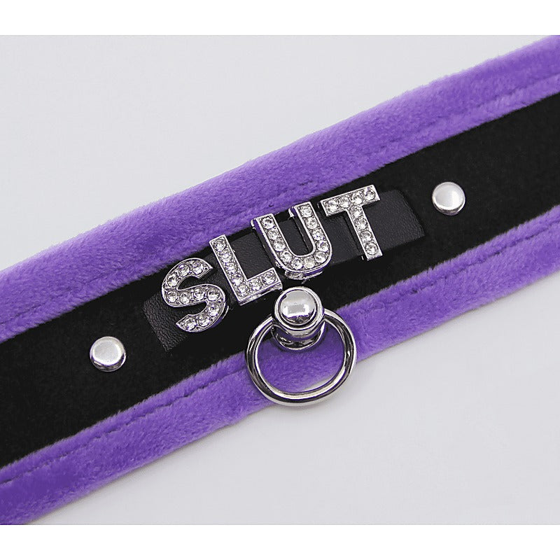 Love In Leather Diamante Slut Fluffy Fetish Collar - Collars and Leads