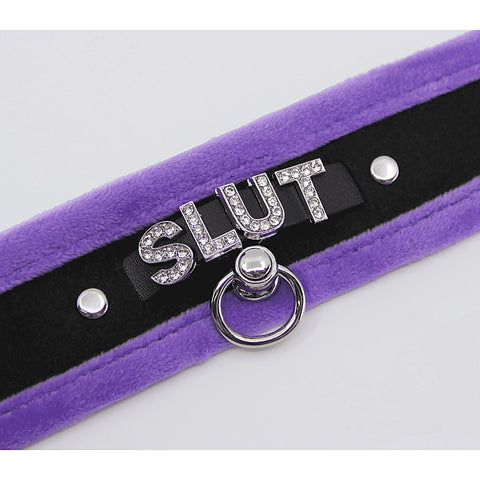 Love In Leather Diamante Slut Fluffy Fetish Collar - Collars and Leads