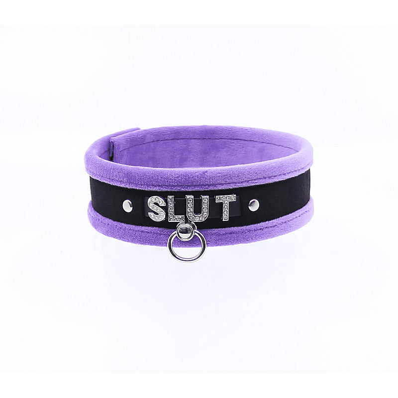 Love In Leather Diamante Slut Fluffy Fetish Collar - Collars and Leads