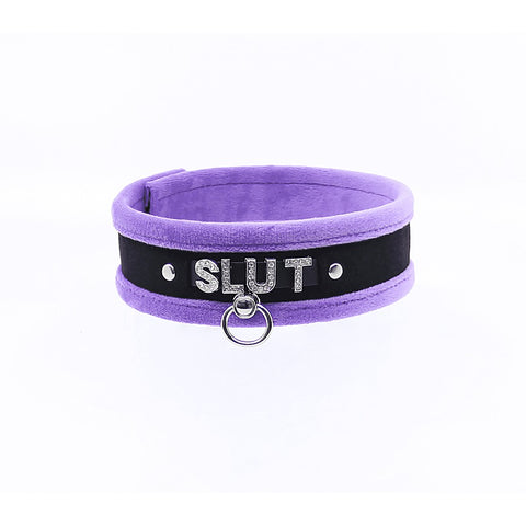 Love In Leather Diamante Slut Fluffy Fetish Collar - Collars and Leads