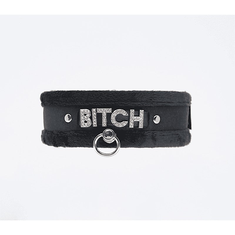 Love In Leather Diamante Bitch Fluffy Bondage Collar - Collars and Leads