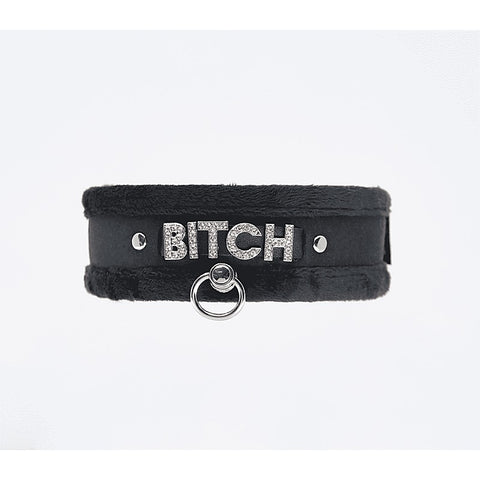Love In Leather Diamante Bitch Fluffy Bondage Collar - Collars and Leads