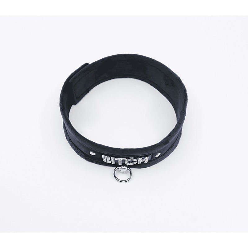 Love In Leather Diamante Bitch Fluffy Bondage Collar - Collars and Leads