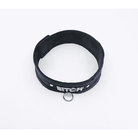 Love In Leather Diamante Bitch Fluffy Bondage Collar - Collars and Leads