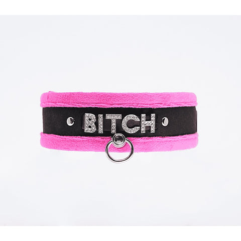 Love In Leather Diamante Bitch Fluffy Bondage Collar - Collars and Leads