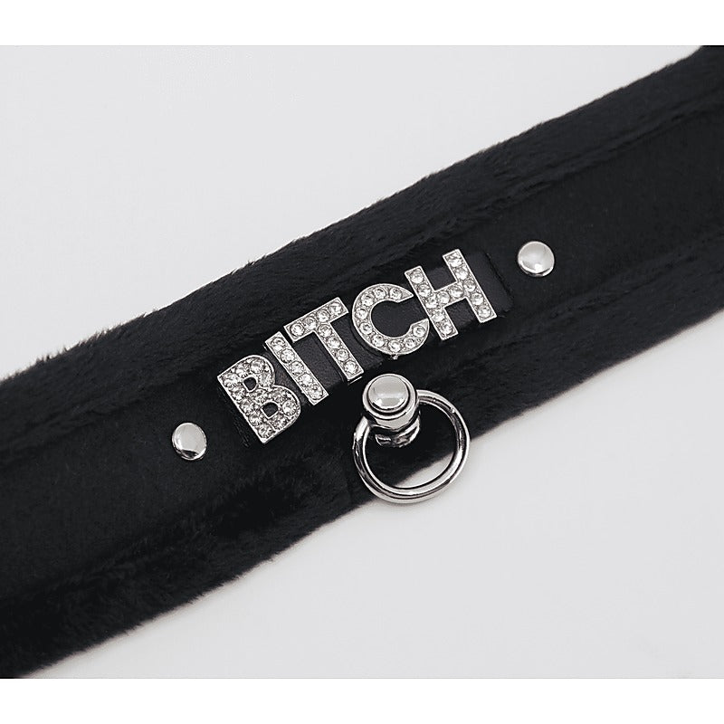 Love In Leather Diamante Bitch Fluffy Bondage Collar - Collars and Leads