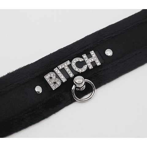 Love In Leather Diamante Bitch Fluffy Bondage Collar - Collars and Leads