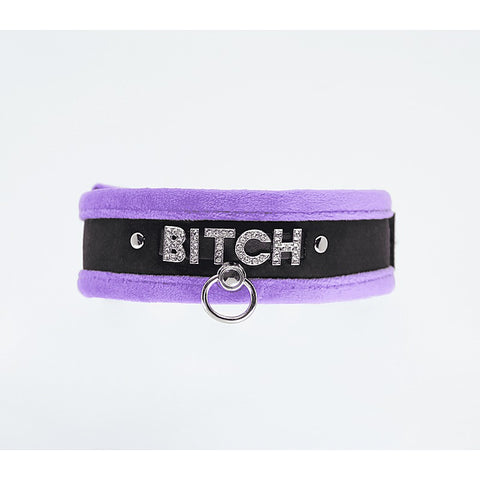 Love In Leather Diamante Bitch Fluffy Bondage Collar - Collars and Leads
