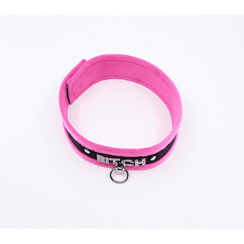 Love In Leather Diamante Bitch Fluffy Bondage Collar - Collars and Leads