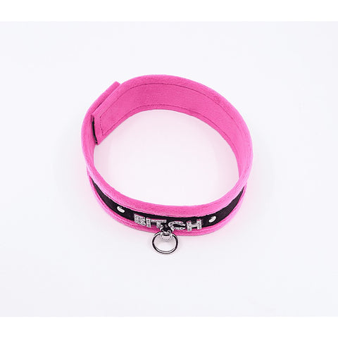 Love In Leather Diamante Bitch Fluffy Bondage Collar - Collars and Leads