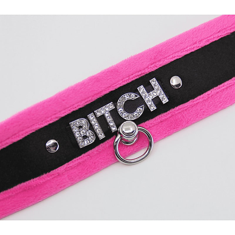 Love In Leather Diamante Bitch Fluffy Bondage Collar - Collars and Leads