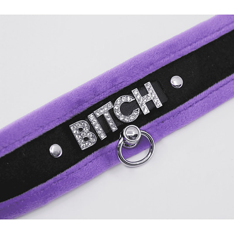 Love In Leather Diamante Bitch Fluffy Bondage Collar - Collars and Leads