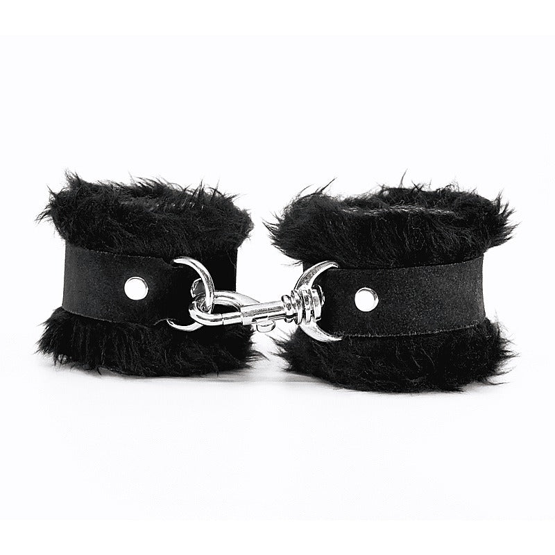 Love In Leather Fluffy Cuffs with Suede Leather Strap - Cuffs And Restraints