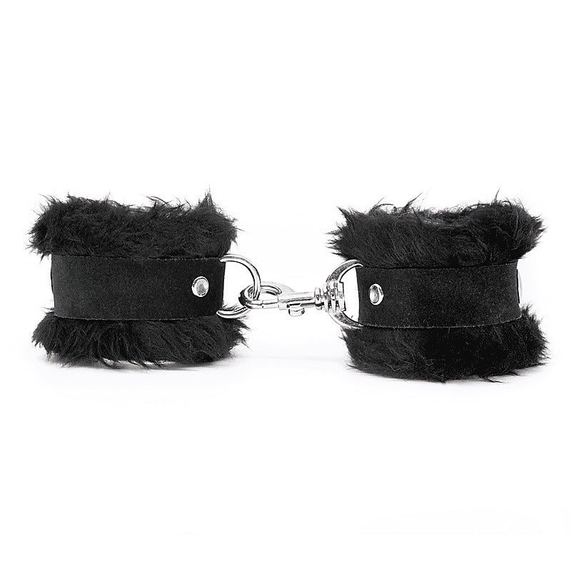 Love In Leather Fluffy Cuffs with Suede Leather Strap - Cuffs And Restraints