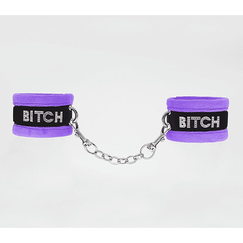Love In Leather Diamante Bitch Fluffy Wrist Restraints - Cuffs And Restraints