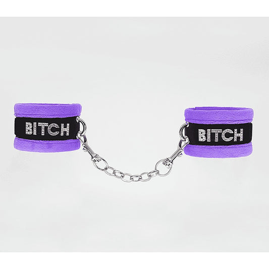 Love In Leather Diamante Bitch Fluffy Wrist Restraints - Cuffs And Restraints