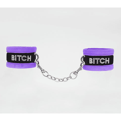 Love In Leather Diamante Bitch Fluffy Wrist Restraints - Cuffs And Restraints