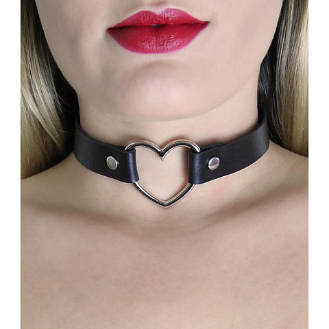Love In Leather Heart Ring Faux Leather Fetish Choker - Collars and Leads
