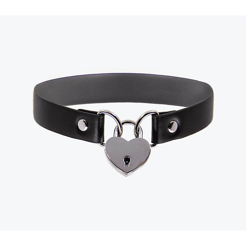 Love In Leather Heart Padlock Faux Leather Choker - Collars and Leads