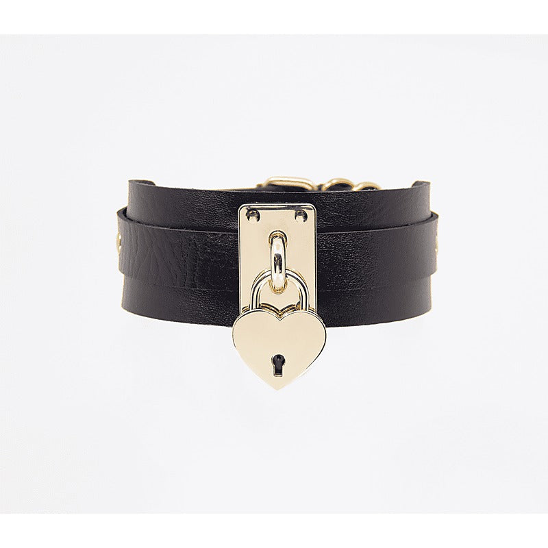 Love In Leather Heart Padlock Faux Leather Collar - Collars and Leads