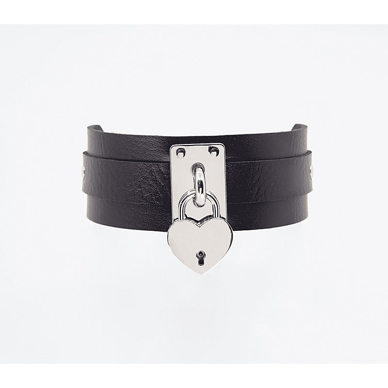 Love In Leather Heart Padlock Faux Leather Collar - Collars and Leads
