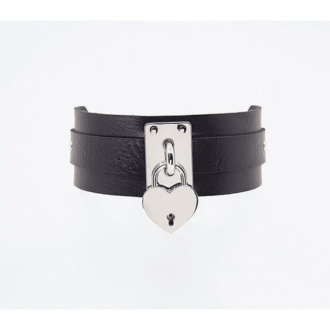 Love In Leather Heart Padlock Faux Leather Collar - Collars and Leads