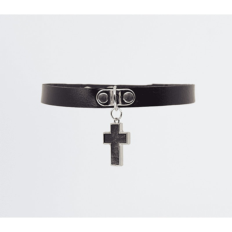 Love In Leather Cross Pendant Faux Leather Choke - Collars and Leads
